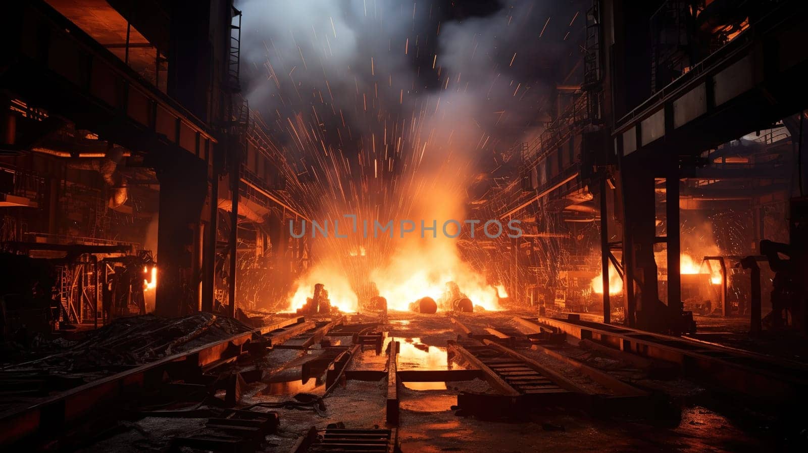 Steel production line in the steel mill, heavy industrial concept