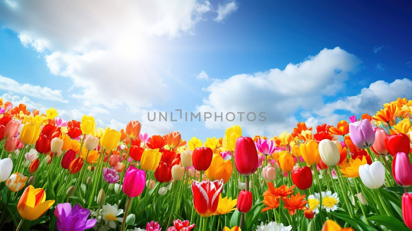 A lot of colorful tulips over blue sky with clouds, nature and landscape concept