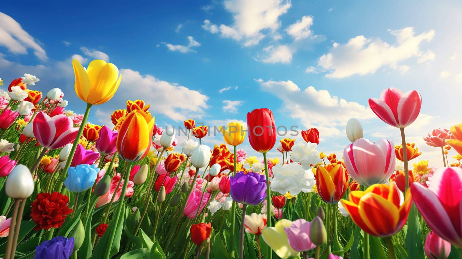 A lot of colorful tulips over blue sky with clouds, nature and landscape concept