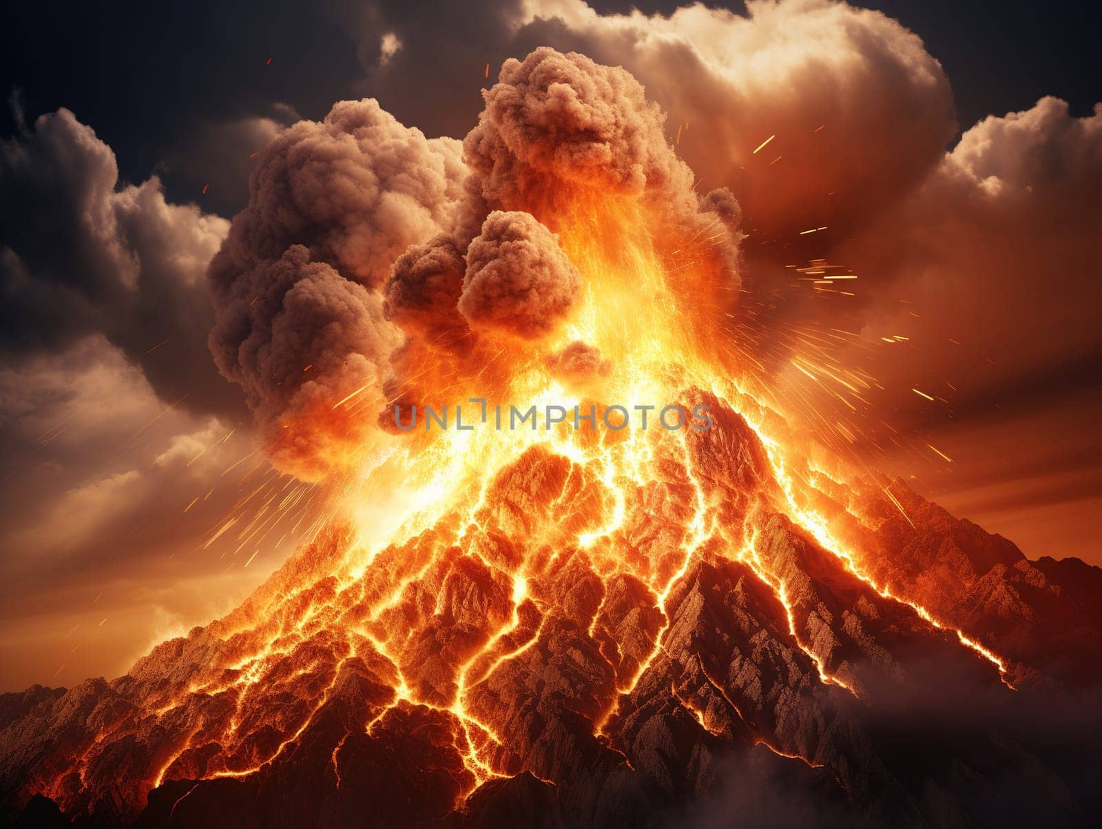 An erupting volcano spewing a lava and a dust to the air, natural disaster concept