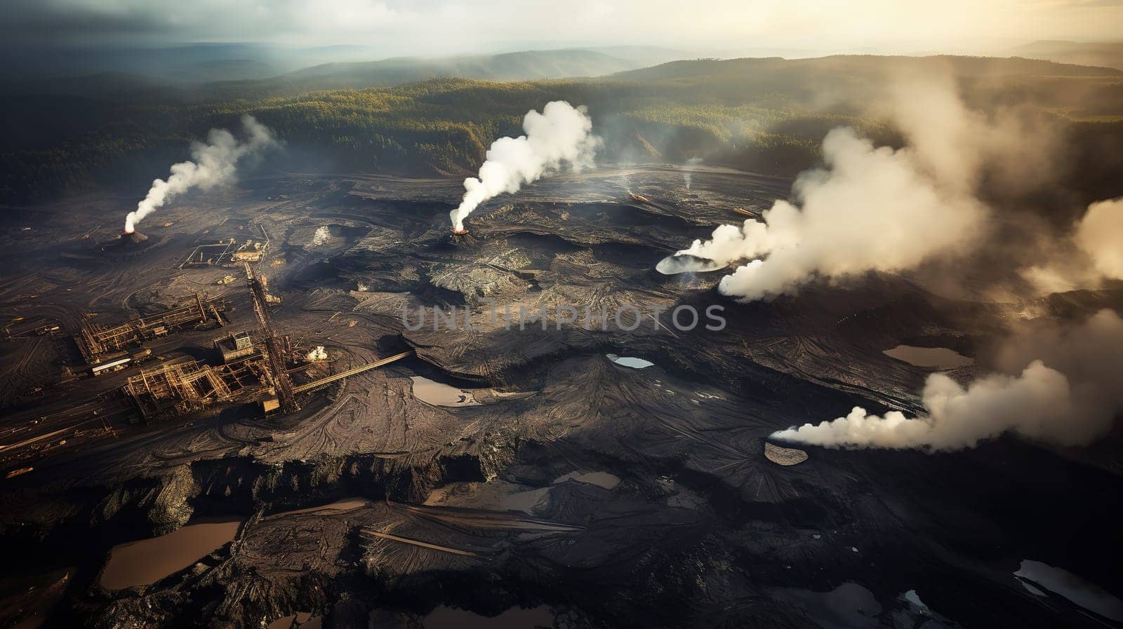 Aerial view to coal mining area with a ruined land around, natural disaster and heavy industrial concept