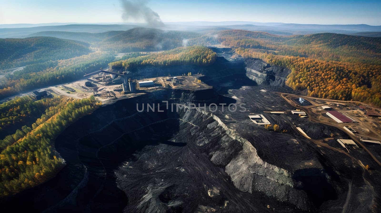 Aerial view to coal mining area with a ruined land around, natural disaster and heavy industrial concept