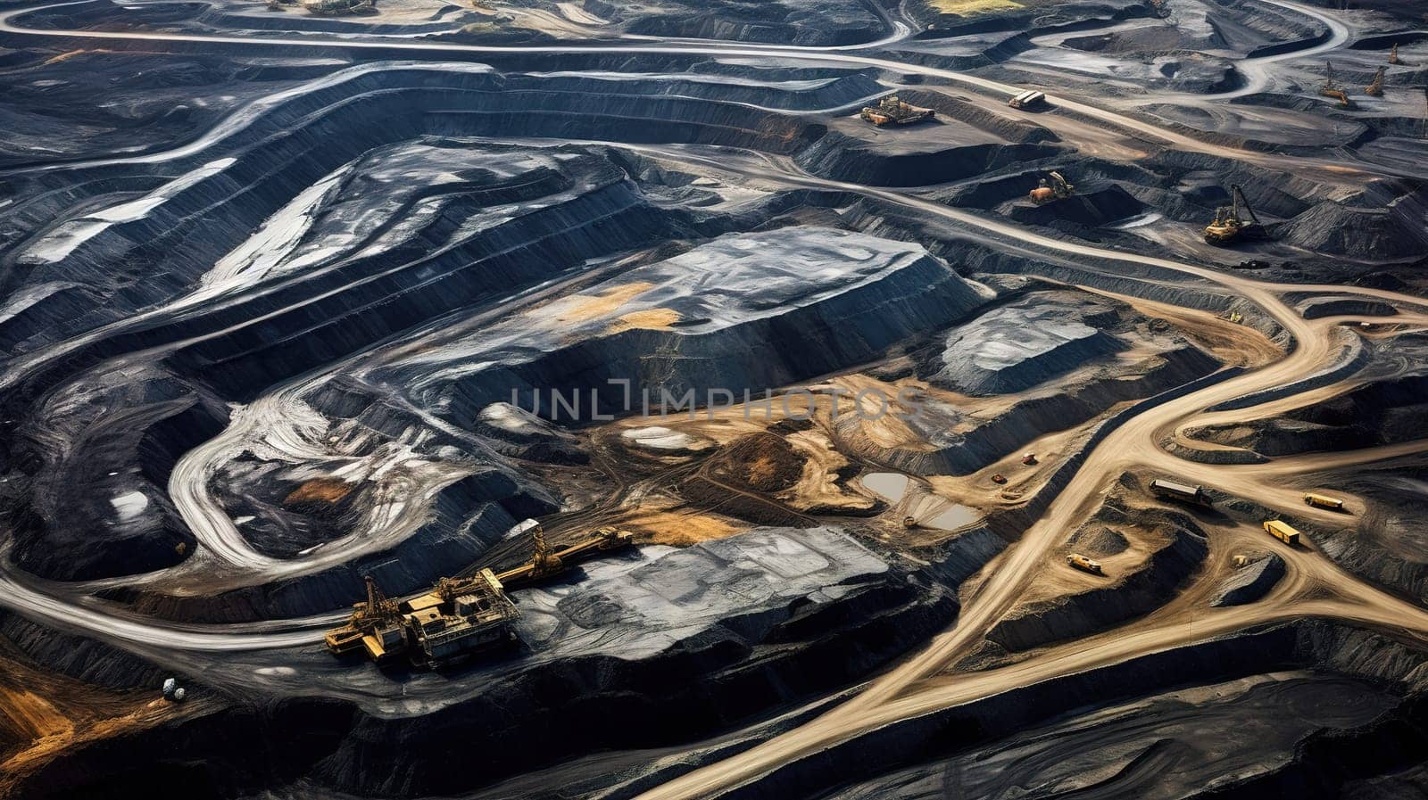 Aerial view to coal mining area with a ruined land around, natural disaster and heavy industrial concept