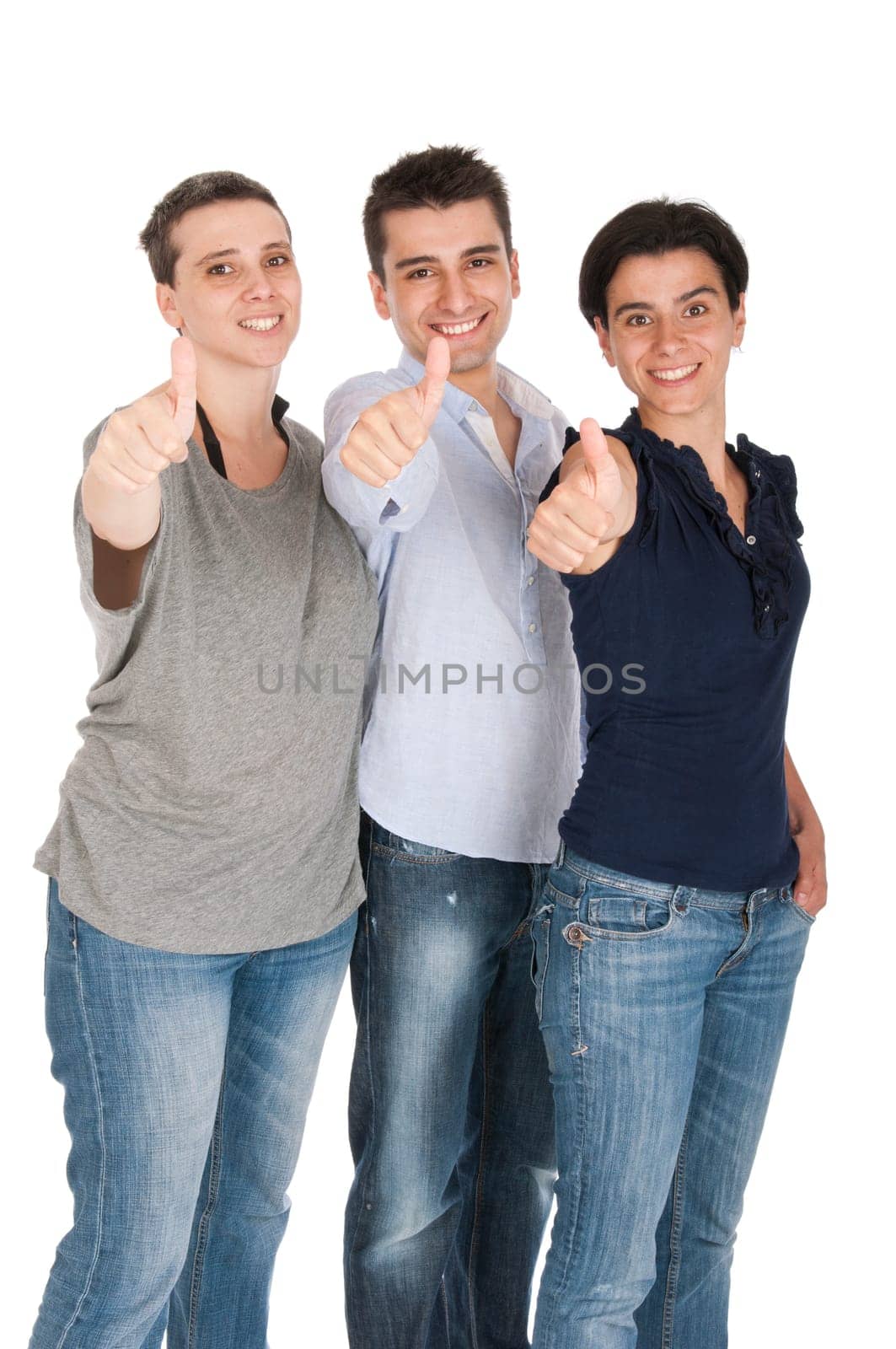 happy smiling brother and sisters showing thumbs up sign (isolated on white background)