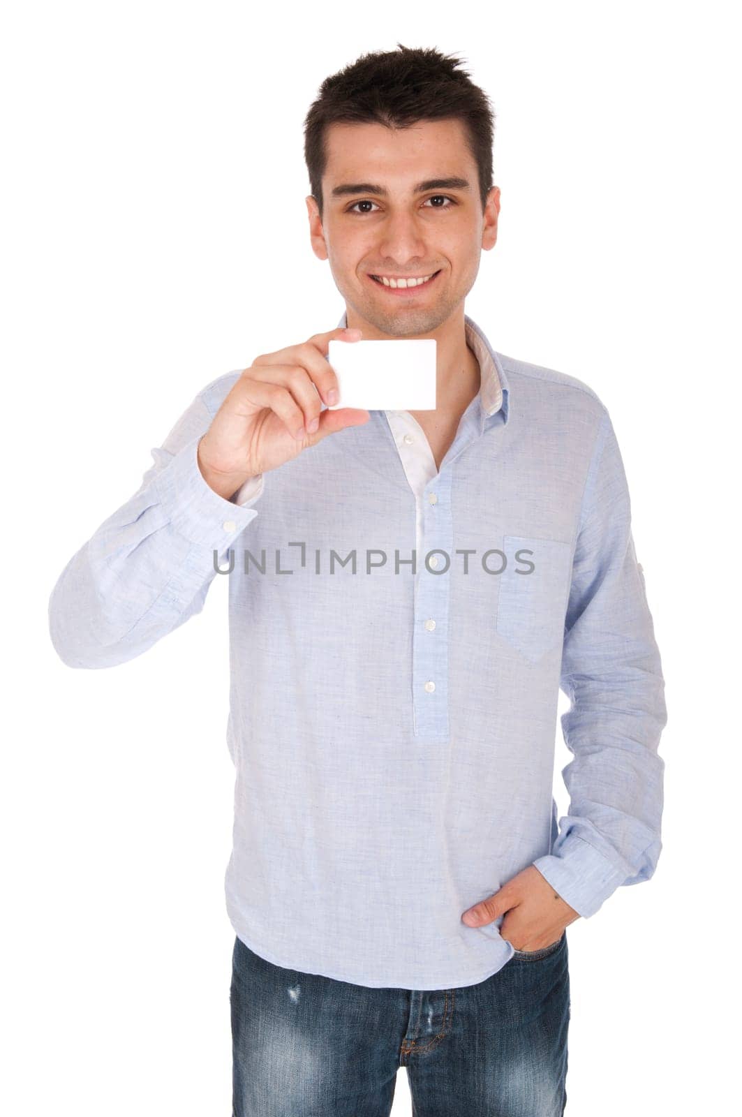 smiling young casual man holding blank white card (isolated on white background)