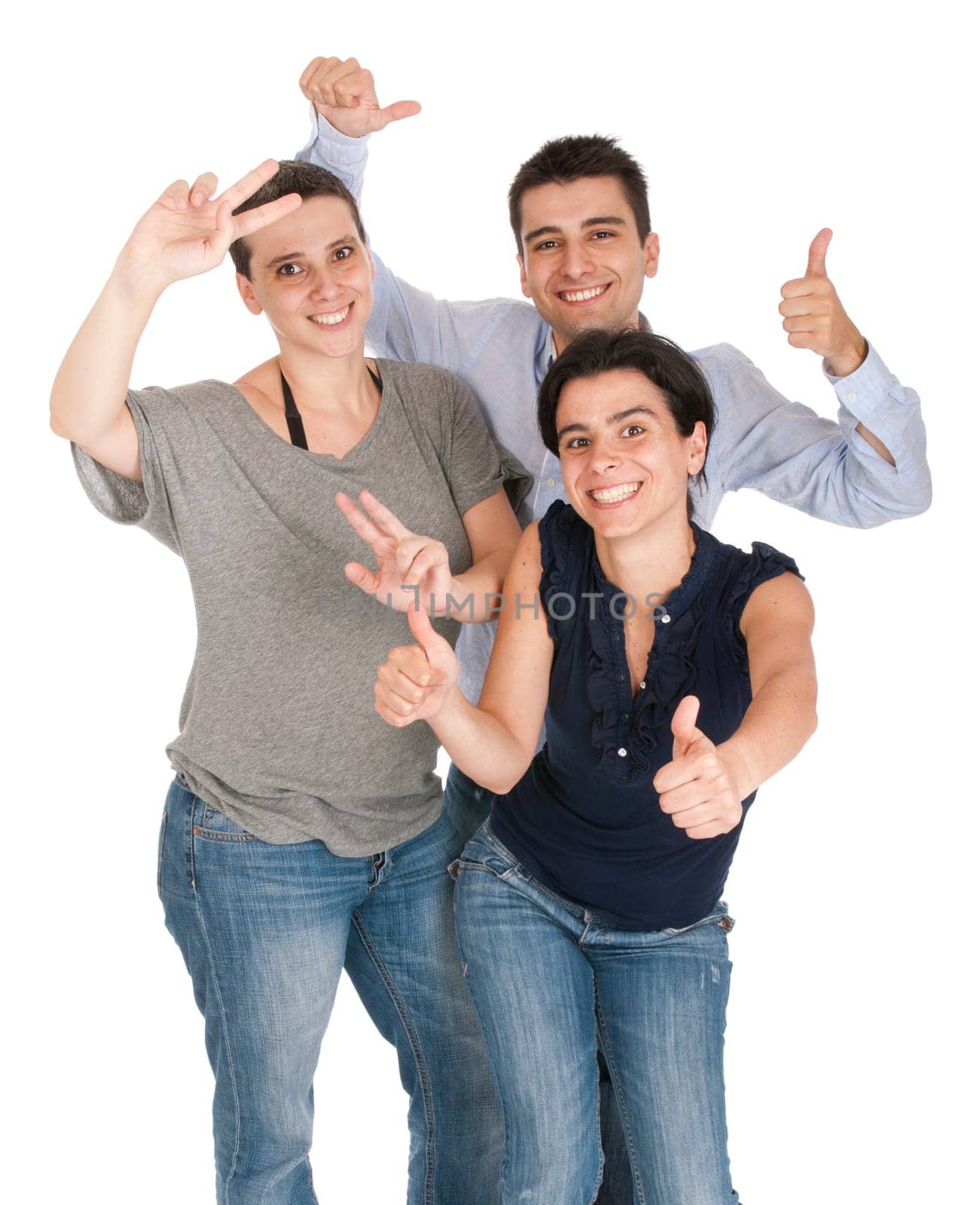 happy smiling brother and sisters having fun celebrating something, cheering and gesturing (isolated on white background)
