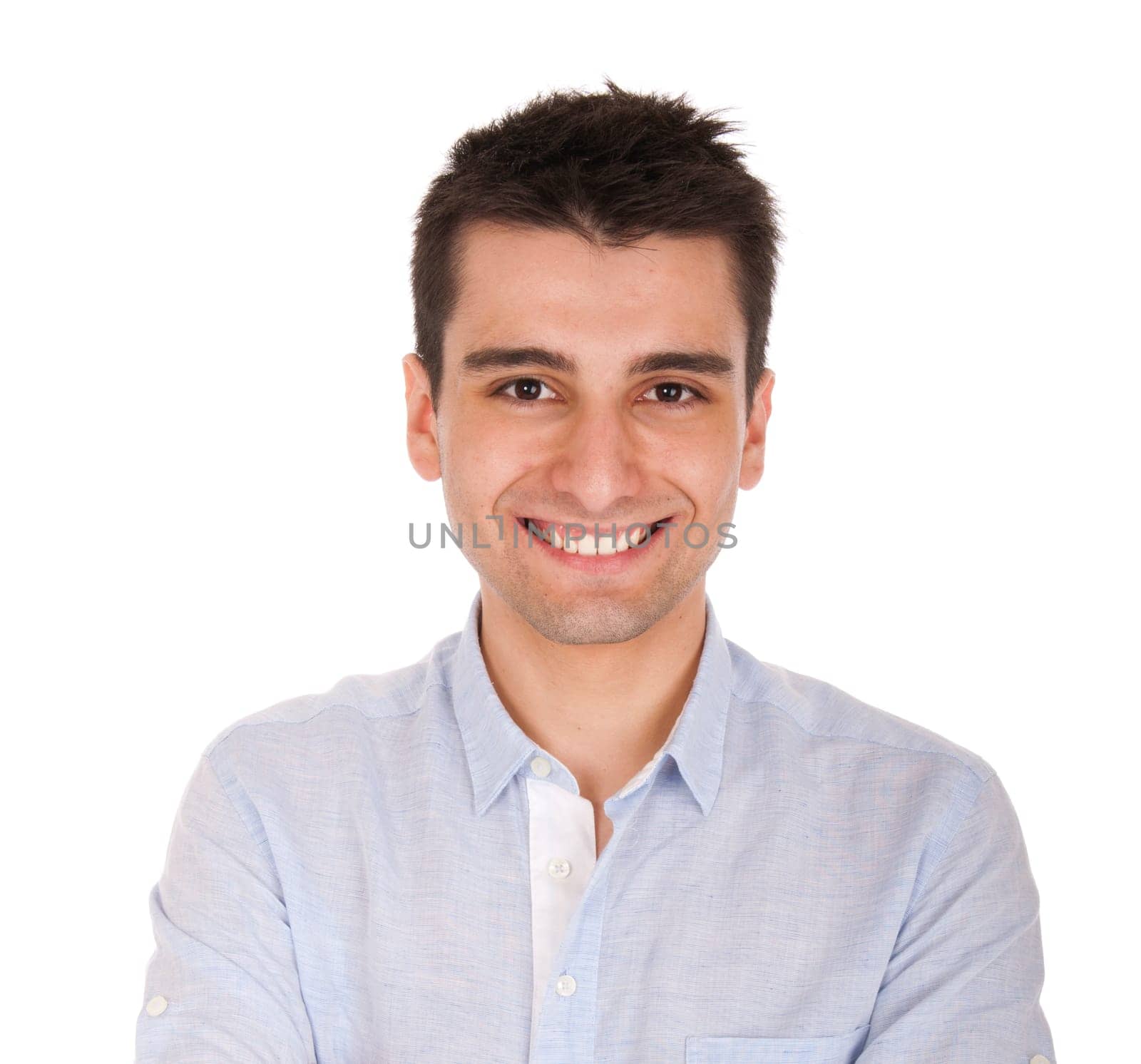 smiling young casual man portrait, isolated on white background