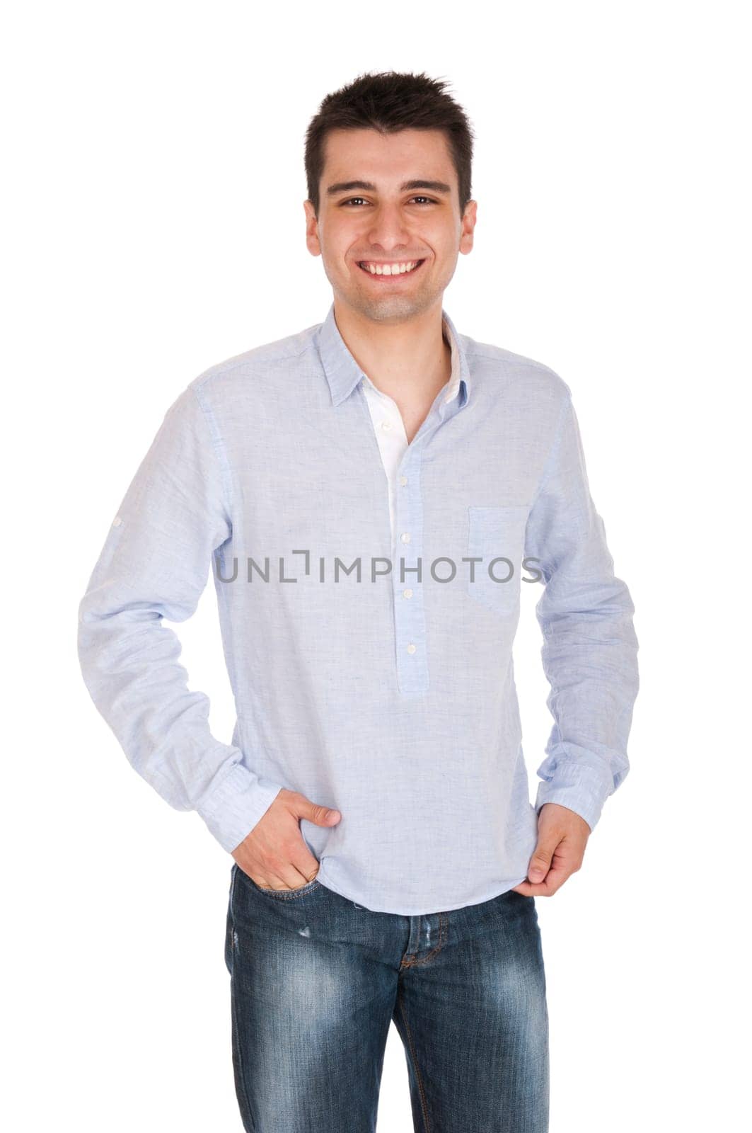 smiling young casual man portrait, isolated on white background