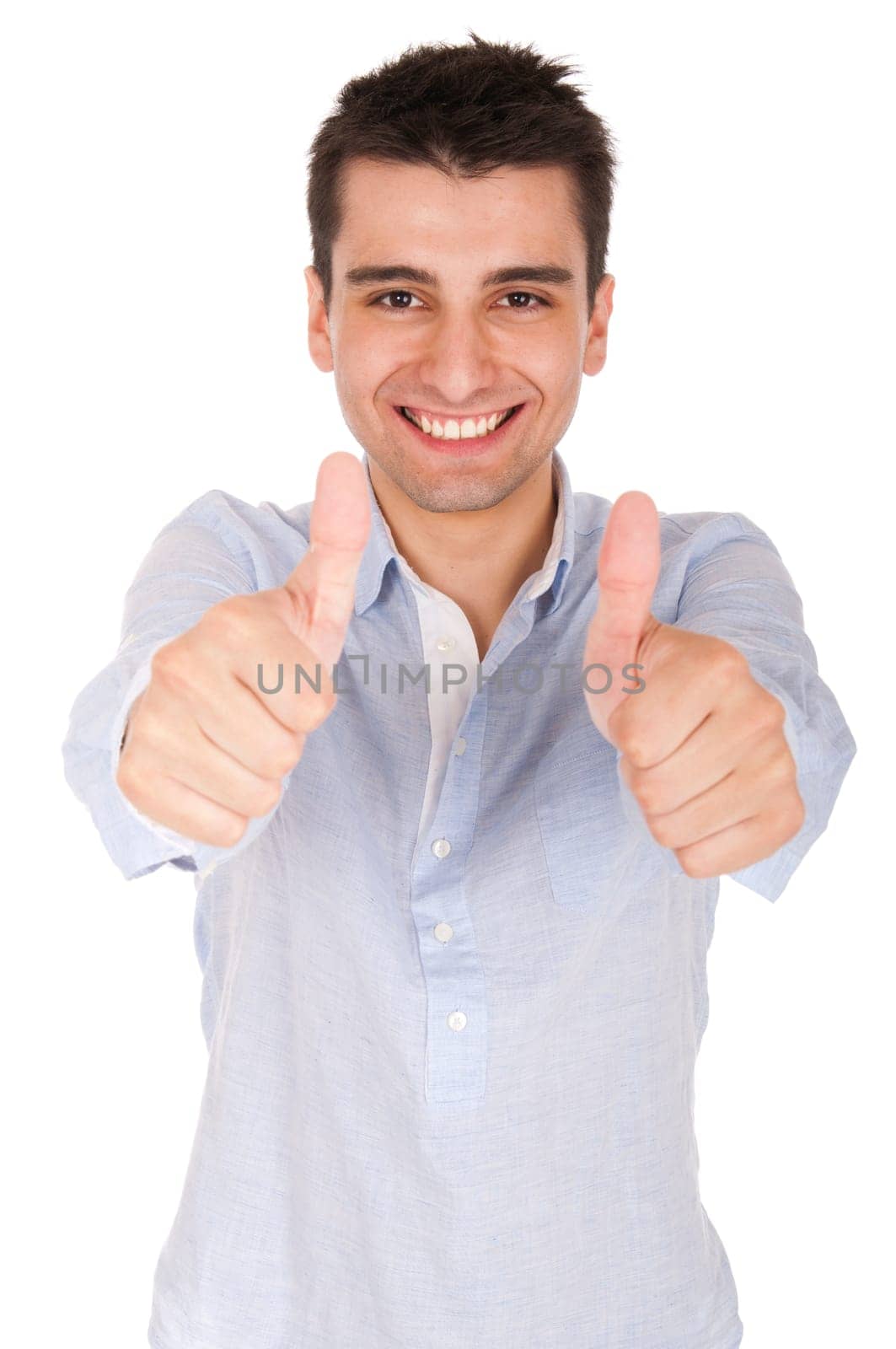 smiling young casual man showing thumbs up sign (isolated on white background)