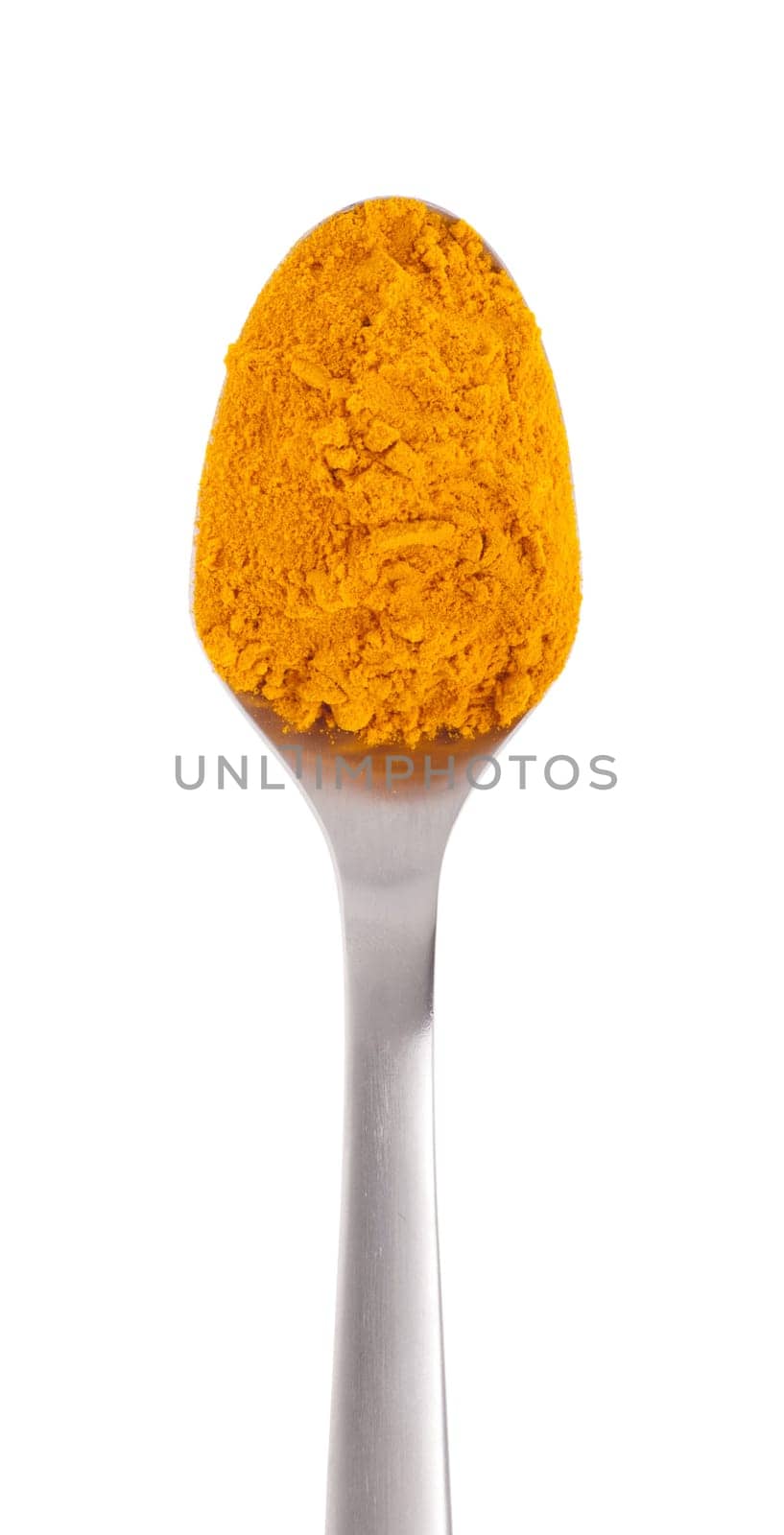 turmeric spice on a stainless steel spoon, isolated on white background