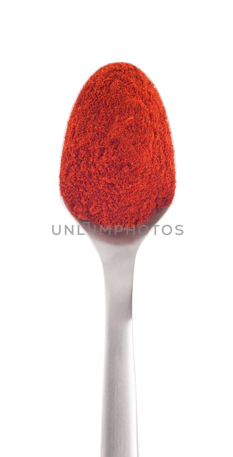 paprika spice on a stainless steel spoon, isolated on white background