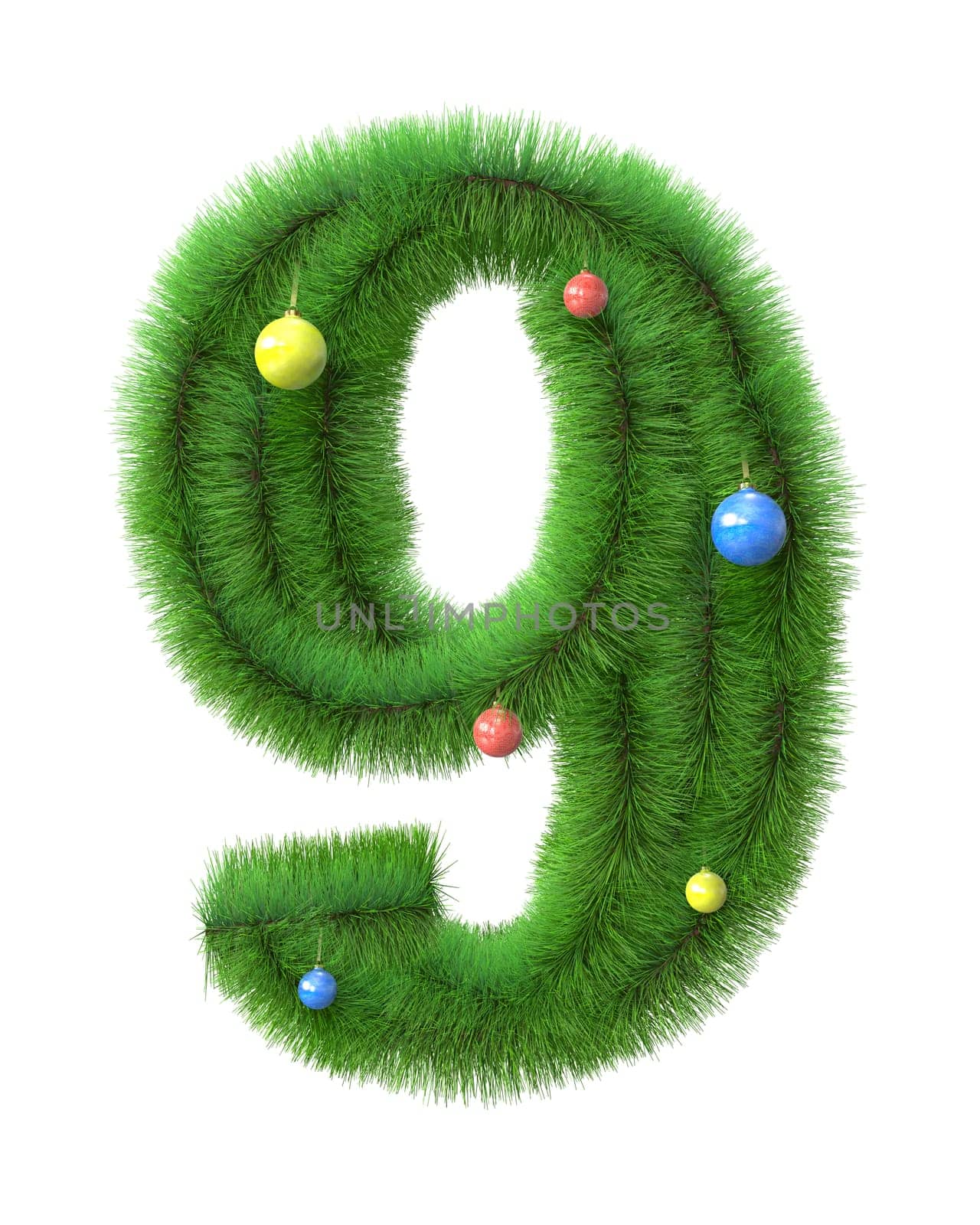 9  number made of christmas tree branches isolated on white background