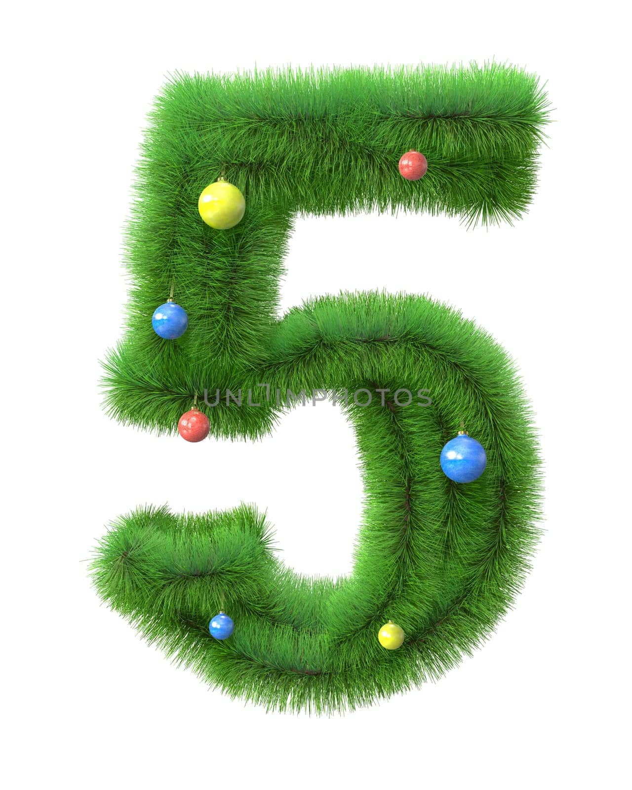 5  number made of christmas tree branches isolated on white background