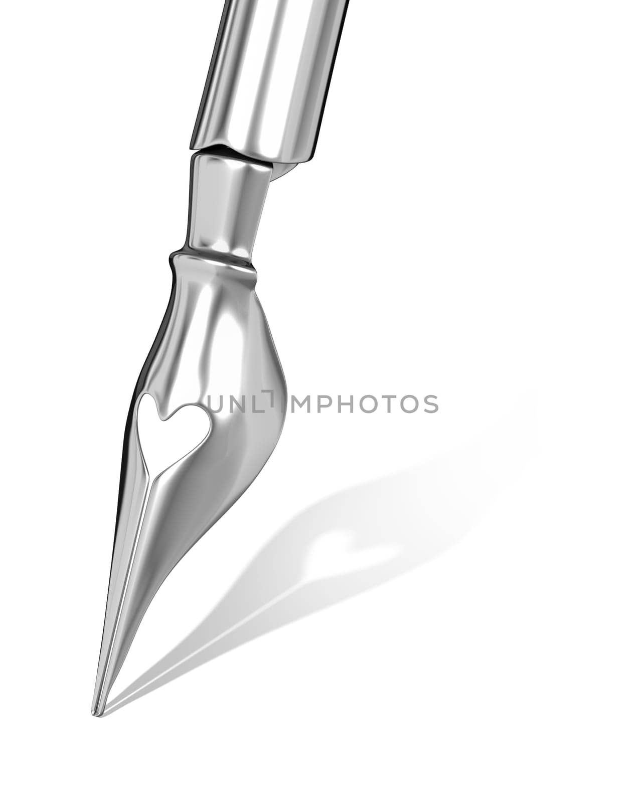 Metal ink pen nib with a heart shaped hole isolated on white background