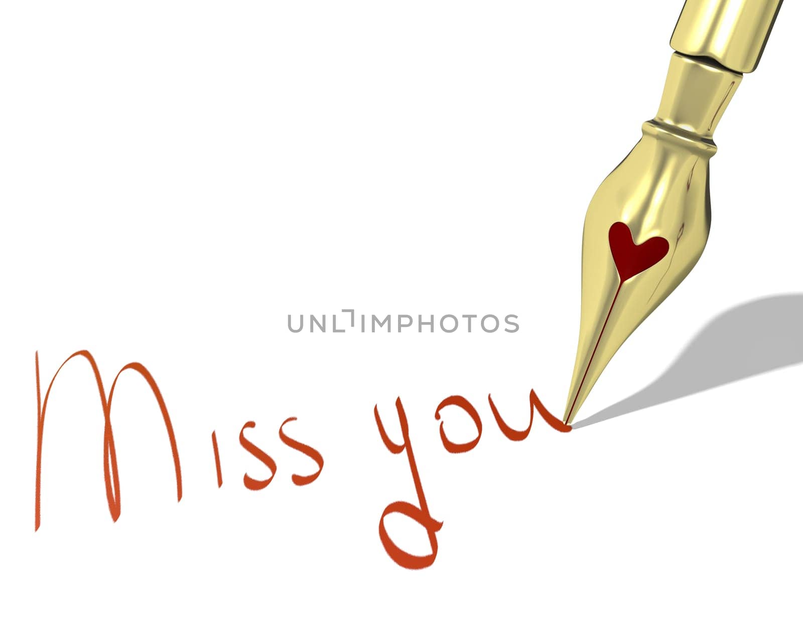 Ink pen nib with heart writes "Miss you"" isolated on white background"