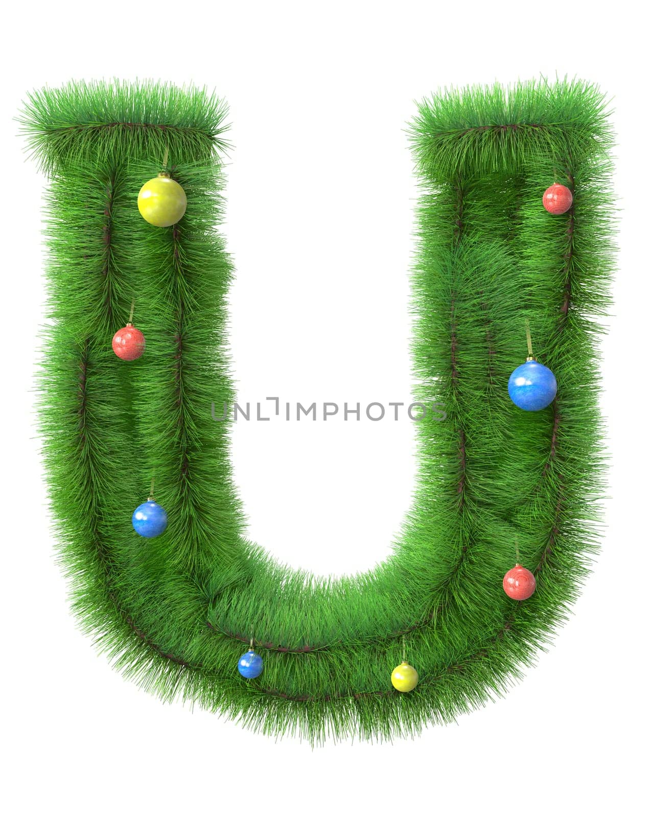 U letter made of christmas tree branches isolated on white background