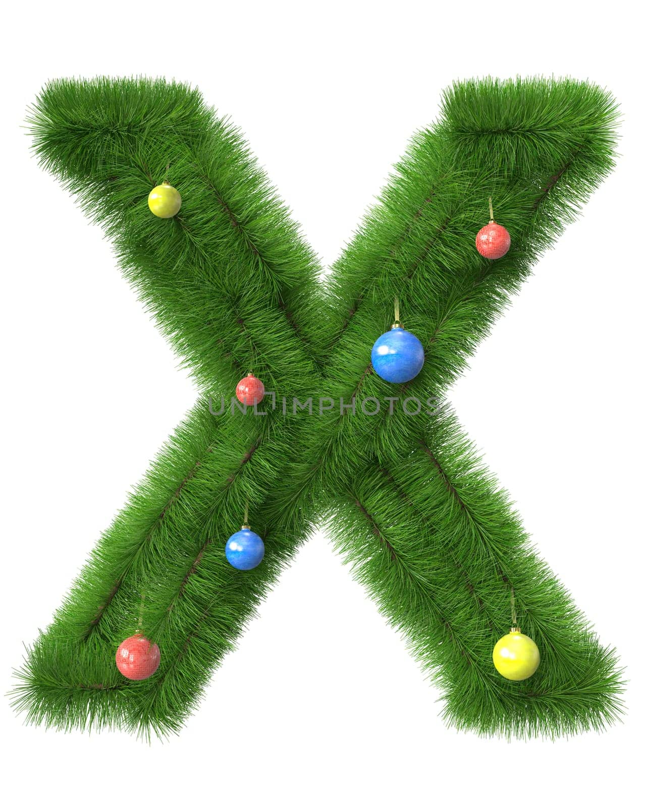 X letter made of christmas tree branches isolated on white background