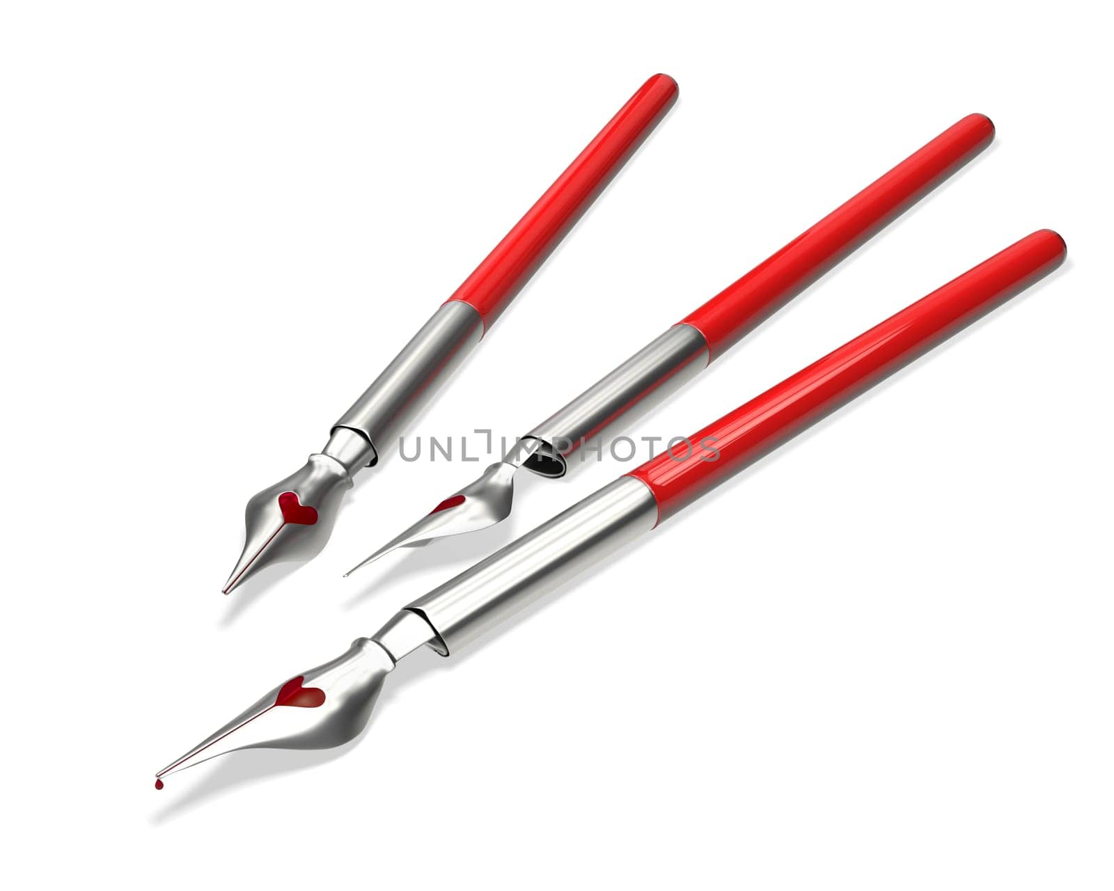 Few metal ink pens with a heart shaped holes isolated on white background