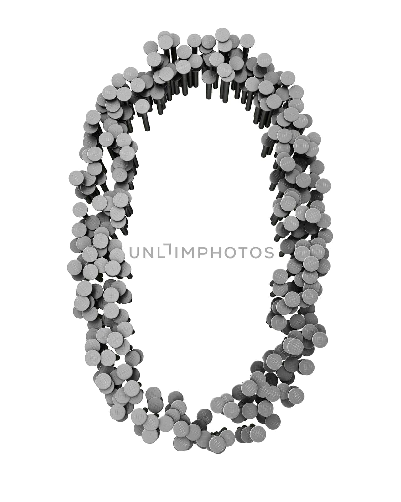 Alphabet made from hammered nails isolated on white background, number 0