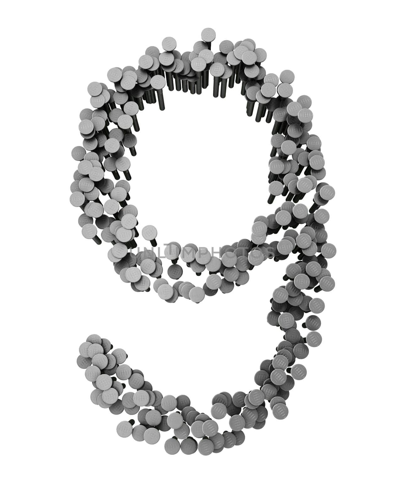 Alphabet made from hammered nails isolated on white background, number 9