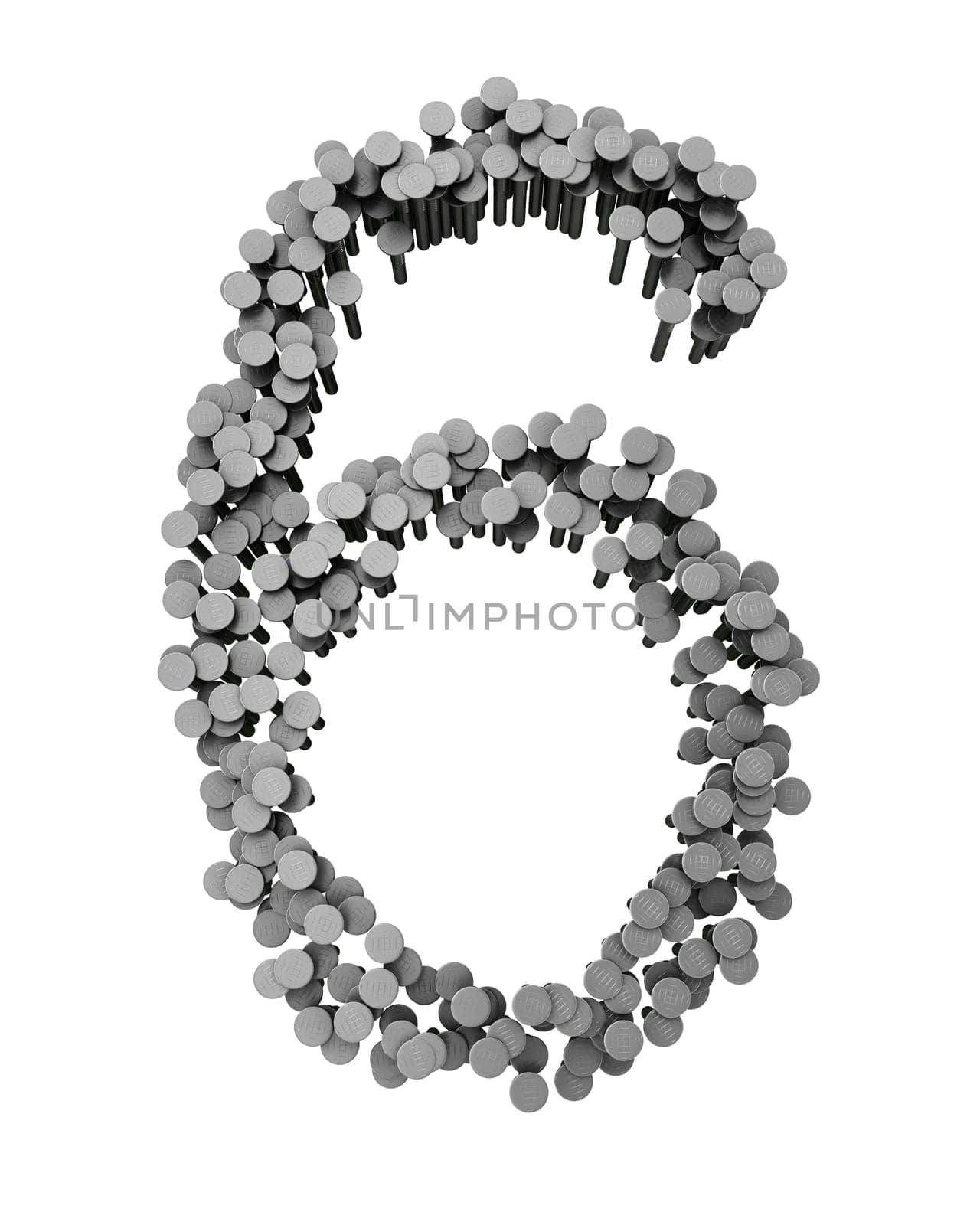 Alphabet made from hammered nails isolated on white background, number 6