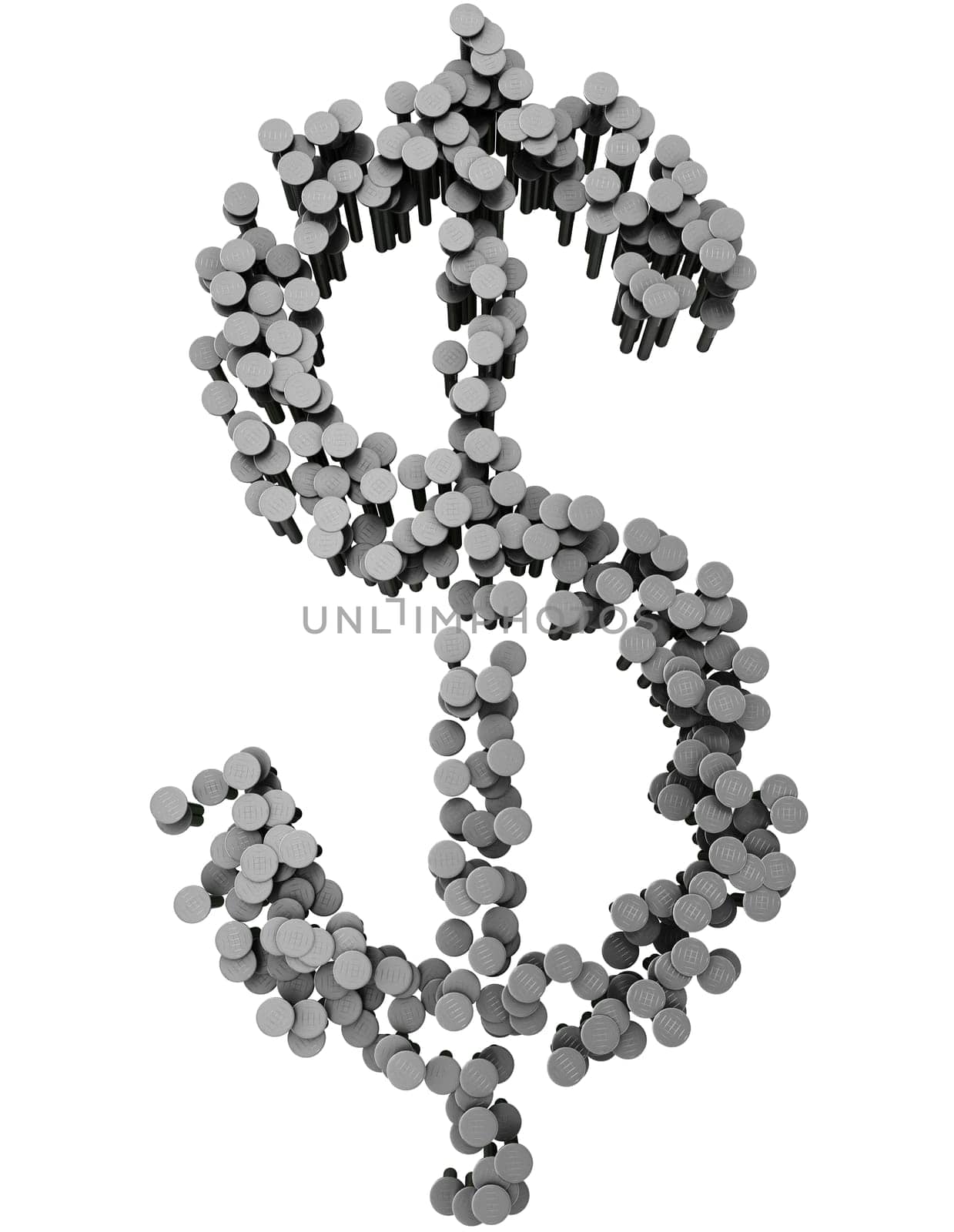 Alphabet made from hammered nails isolated on white background, dollar symbol