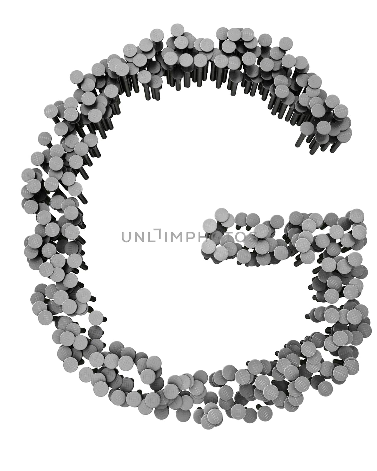 Alphabet made from hammered nails isolated on white background
