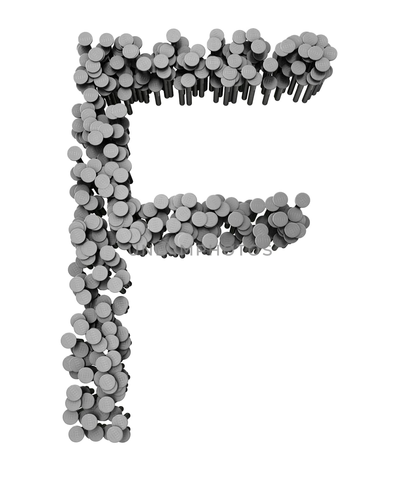 Alphabet made from hammered nails isolated on white background