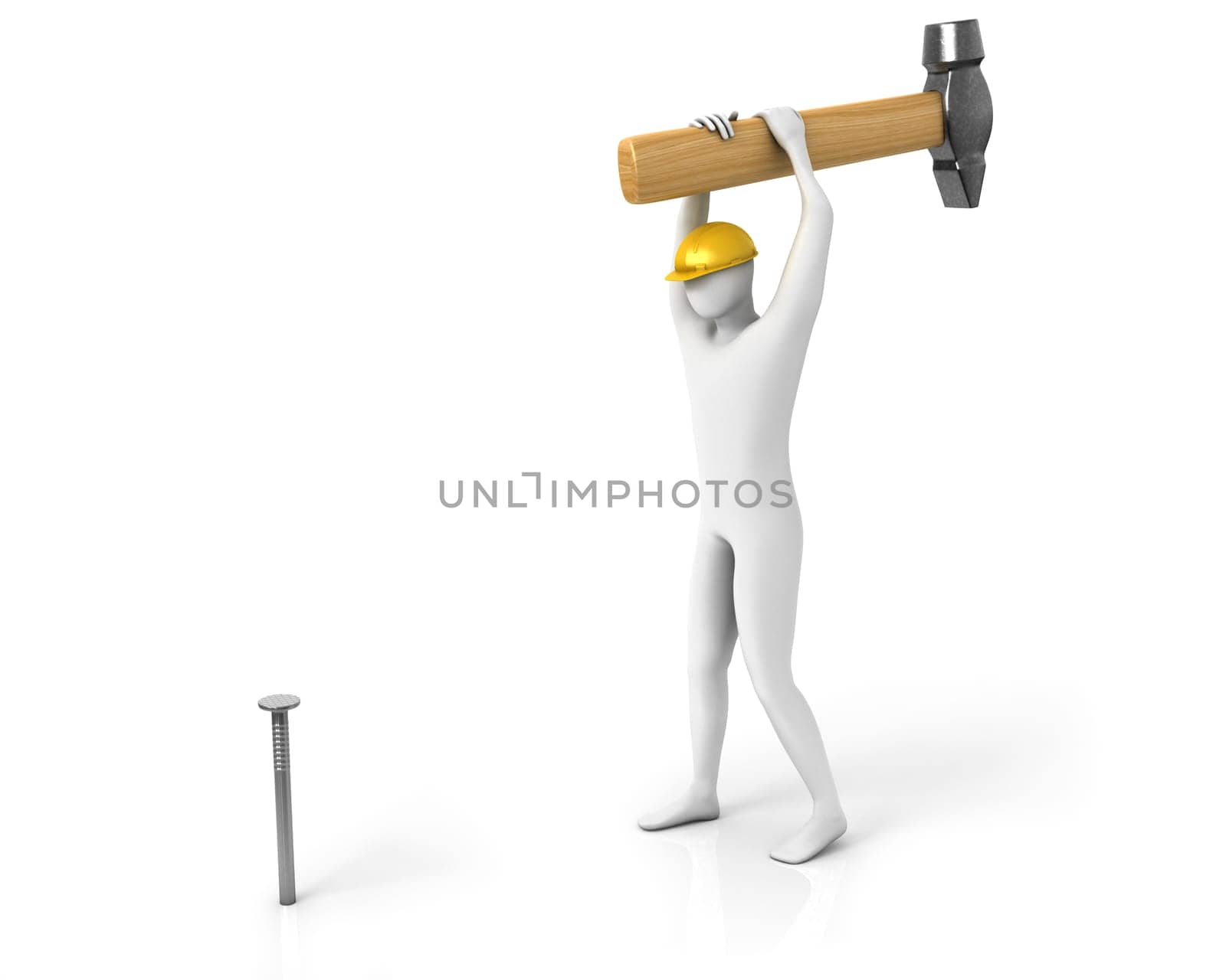 Man with huge hamer hits the nail isolated on white background