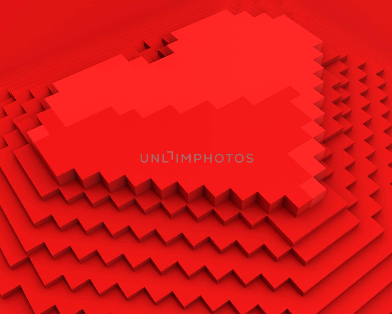 Pyramid with heart on top made of red cubic pixels isolated on white background,diagonal closeup