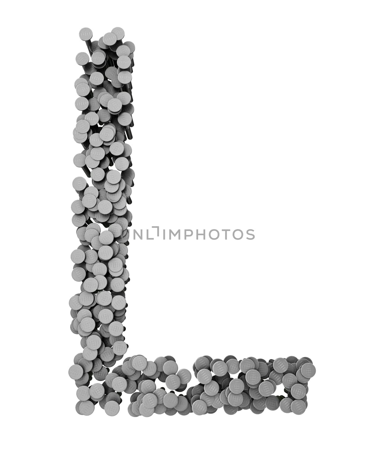 Alphabet made from hammered nails isolated on white background