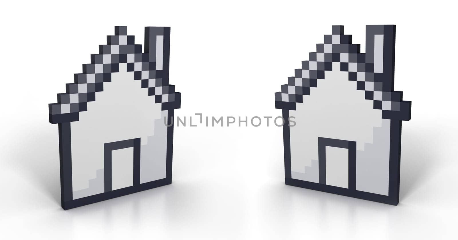 Pixelated house in perspective from two different angles isolated on white background