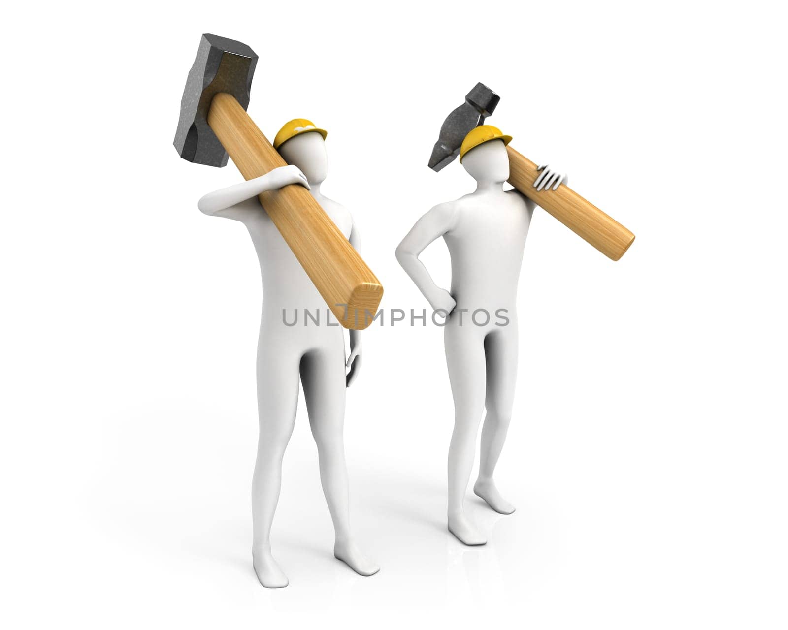 Two men with huge sledgehammer and hammer isolated on white background