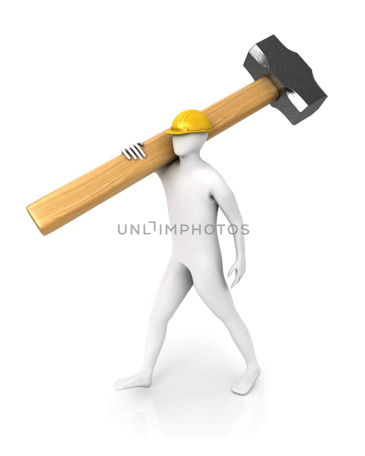 Man with huge sledgehammer isolated on white background