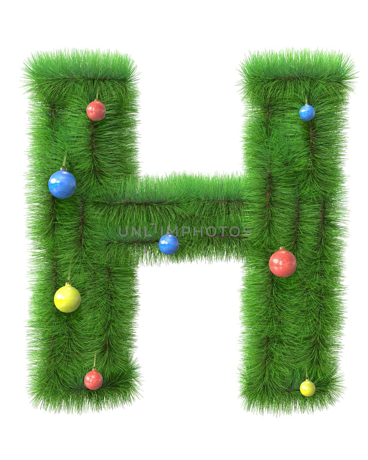 H letter made of christmas tree branches isolated on white background