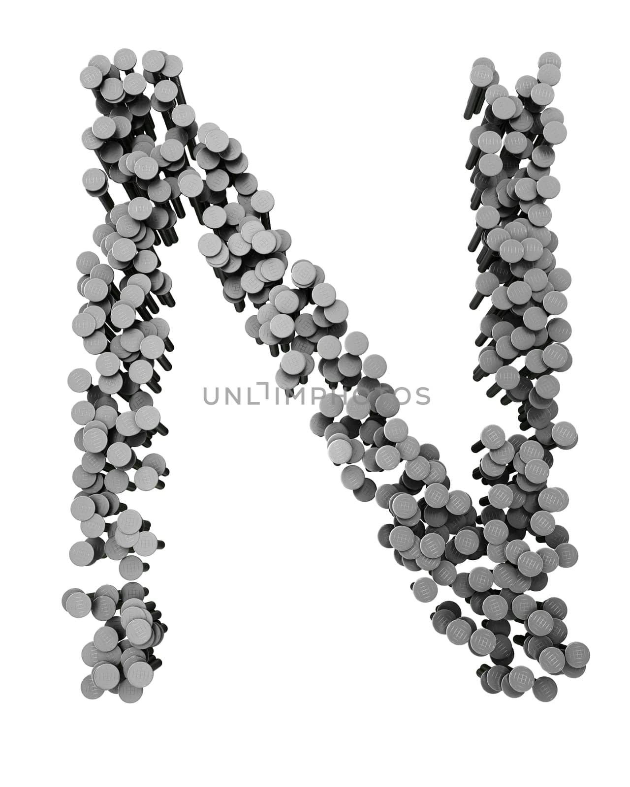 Alphabet made from hammered nails isolated on white background