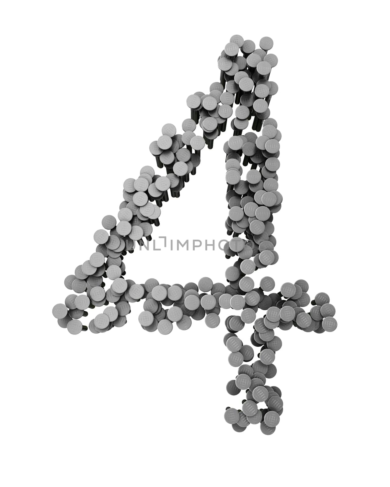 Alphabet made from hammered nails isolated on white background, number 4