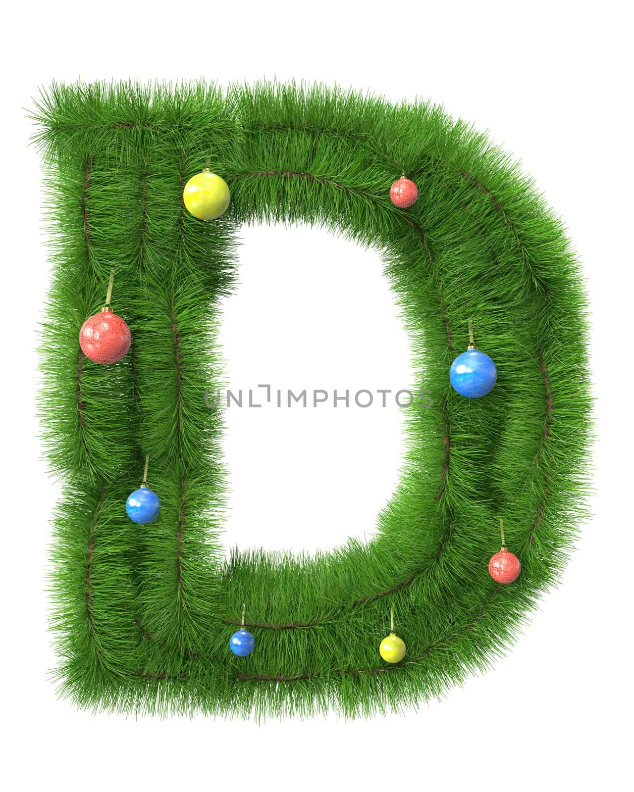 D letter made of christmas tree branches isolated on white background