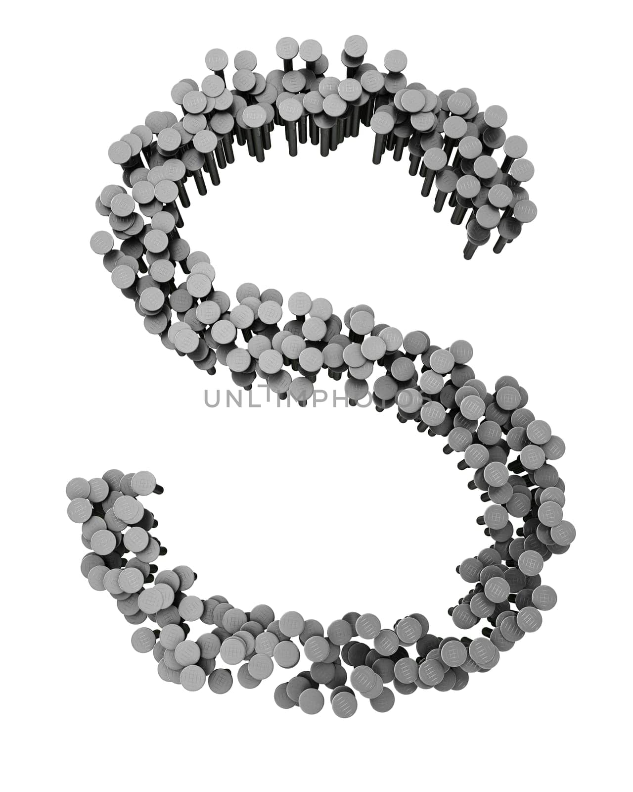 Alphabet made from hammered nails isolated on white background