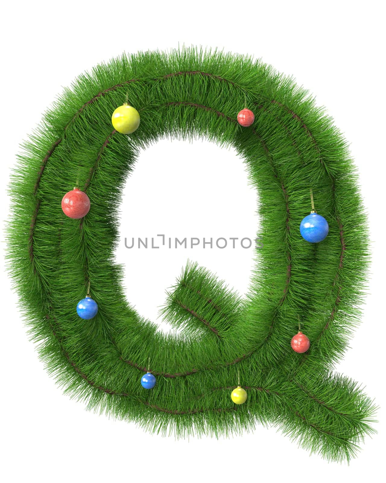 Q letter made of christmas tree branches isolated on white background