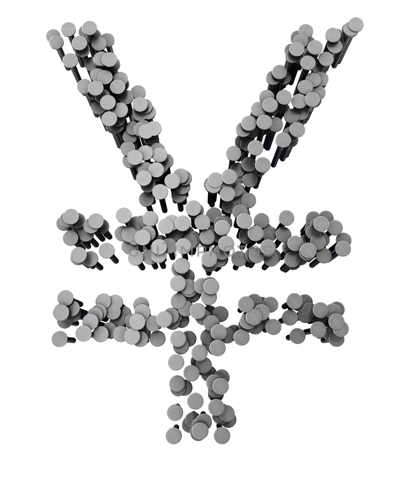 Alphabet made from hammered nails isolated on white background, yen symbol