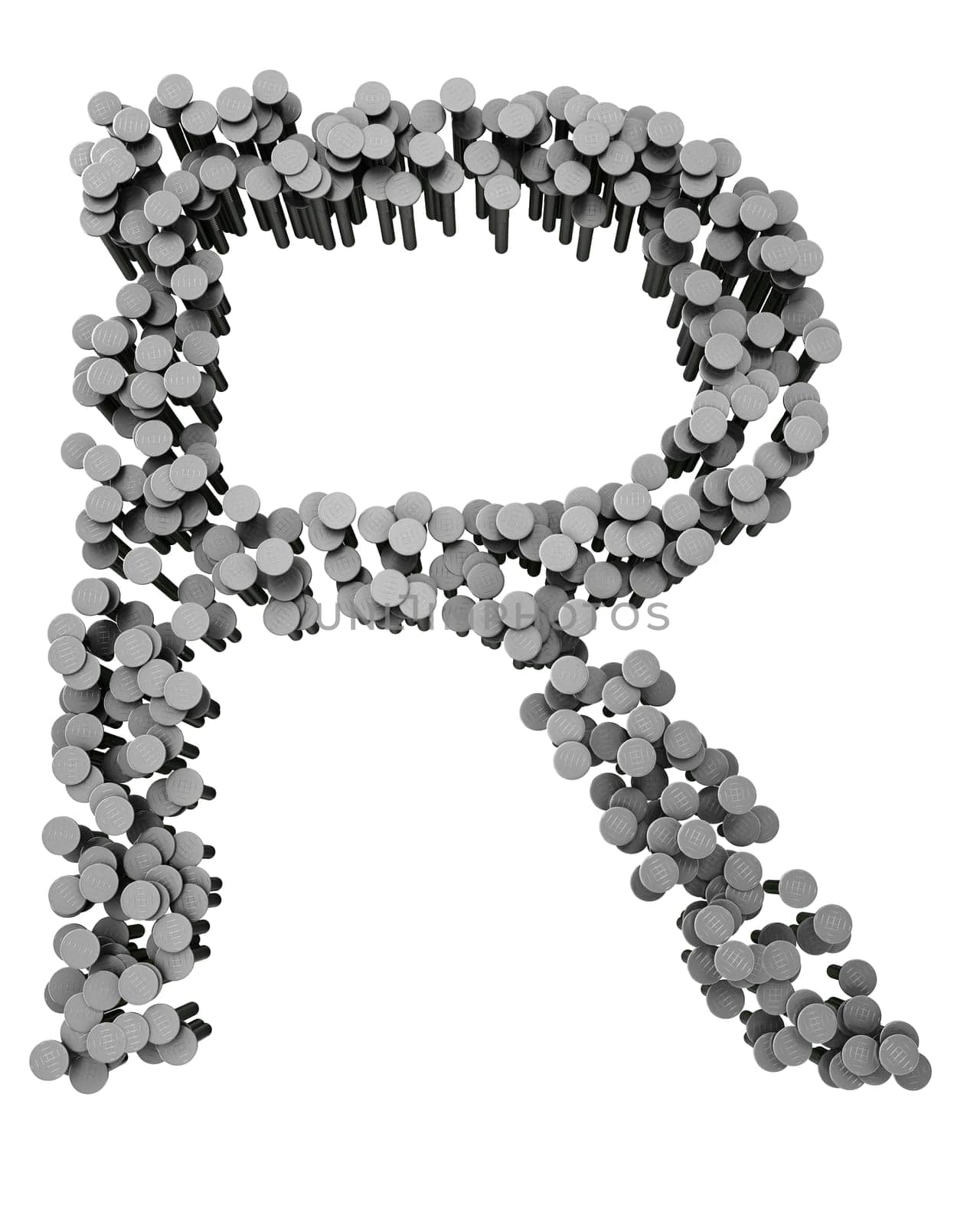 Alphabet made from hammered nails isolated on white background