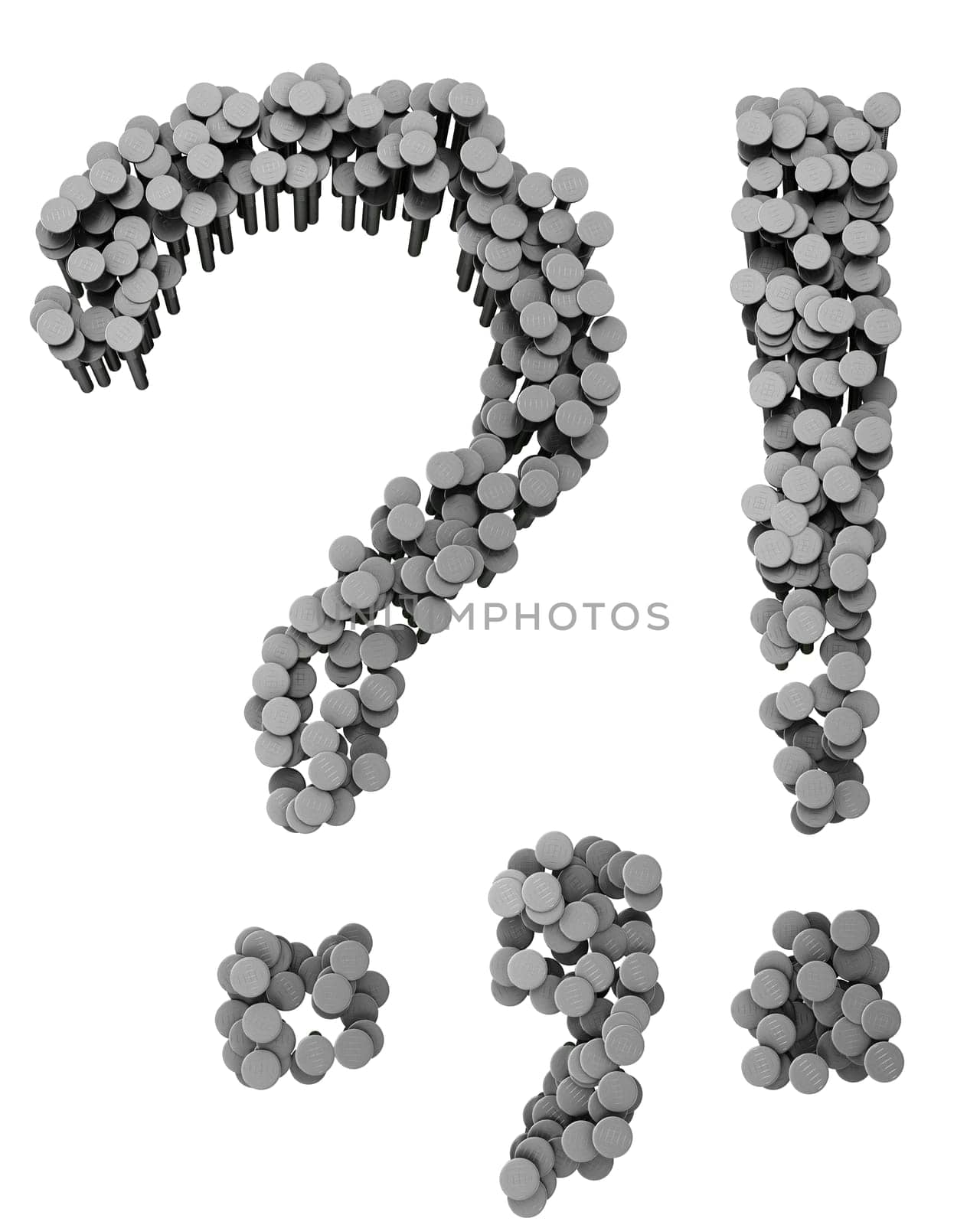 Alphabet made from hammered nails isolated on white background, punctuation marks