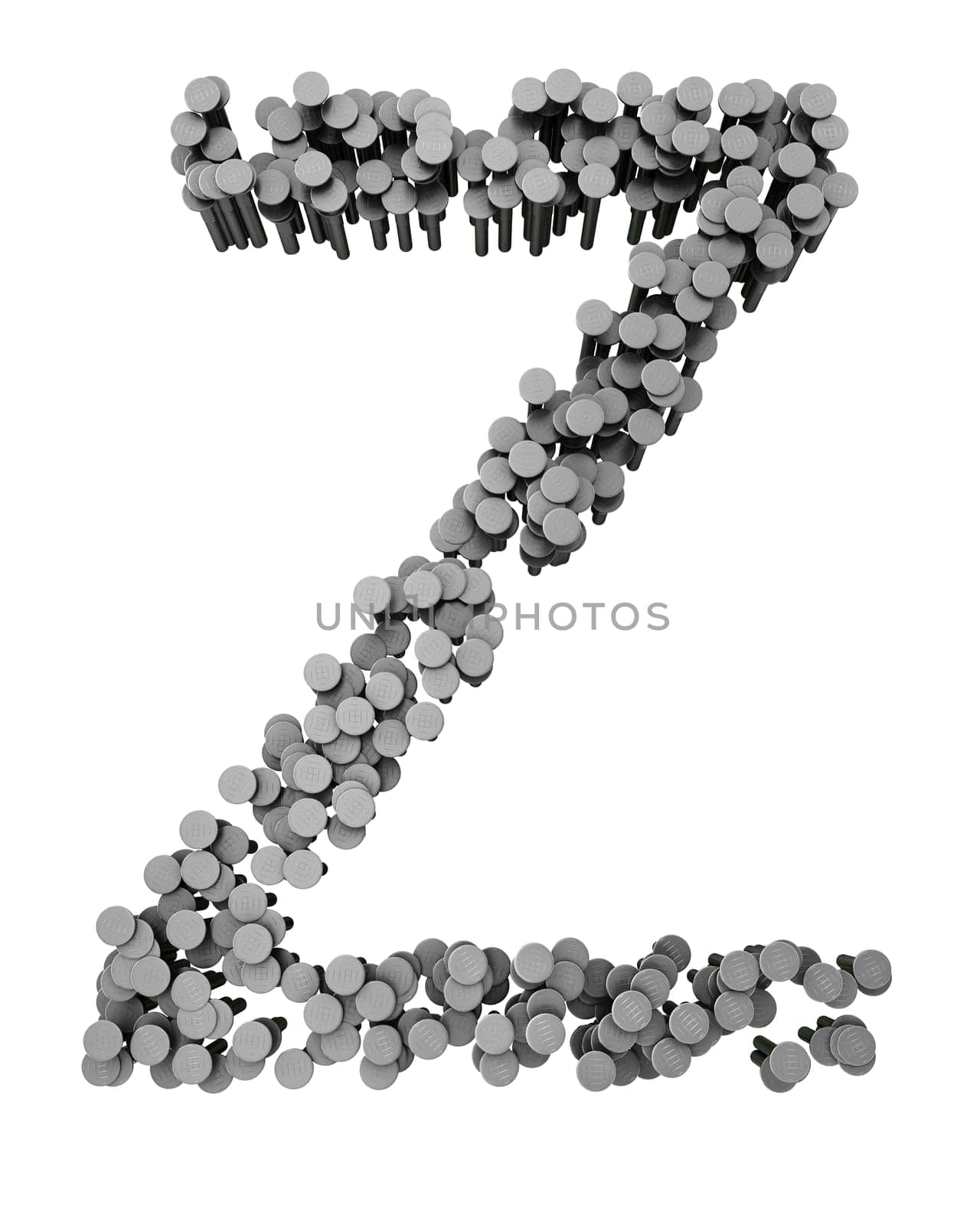 Alphabet made from hammered nails isolated on white background