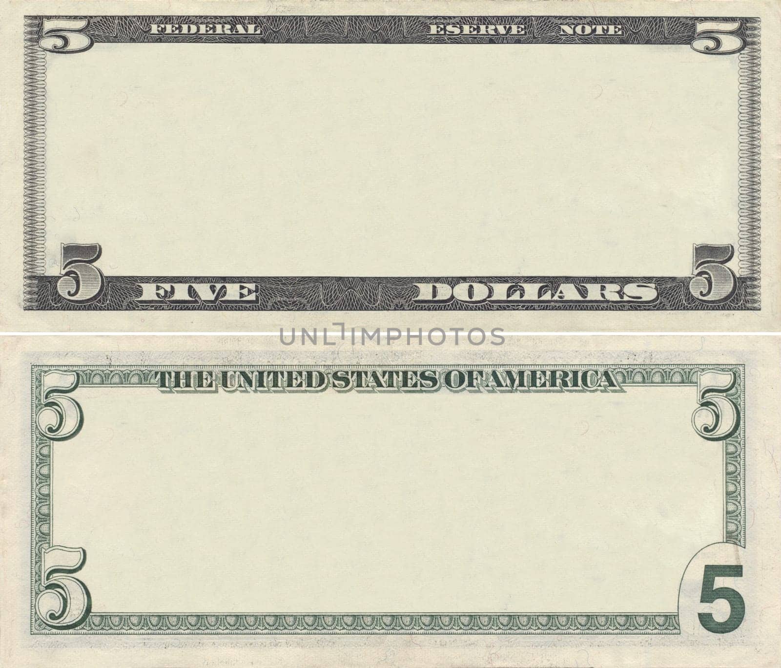 Clear 5 dollar banknote pattern for design purposes