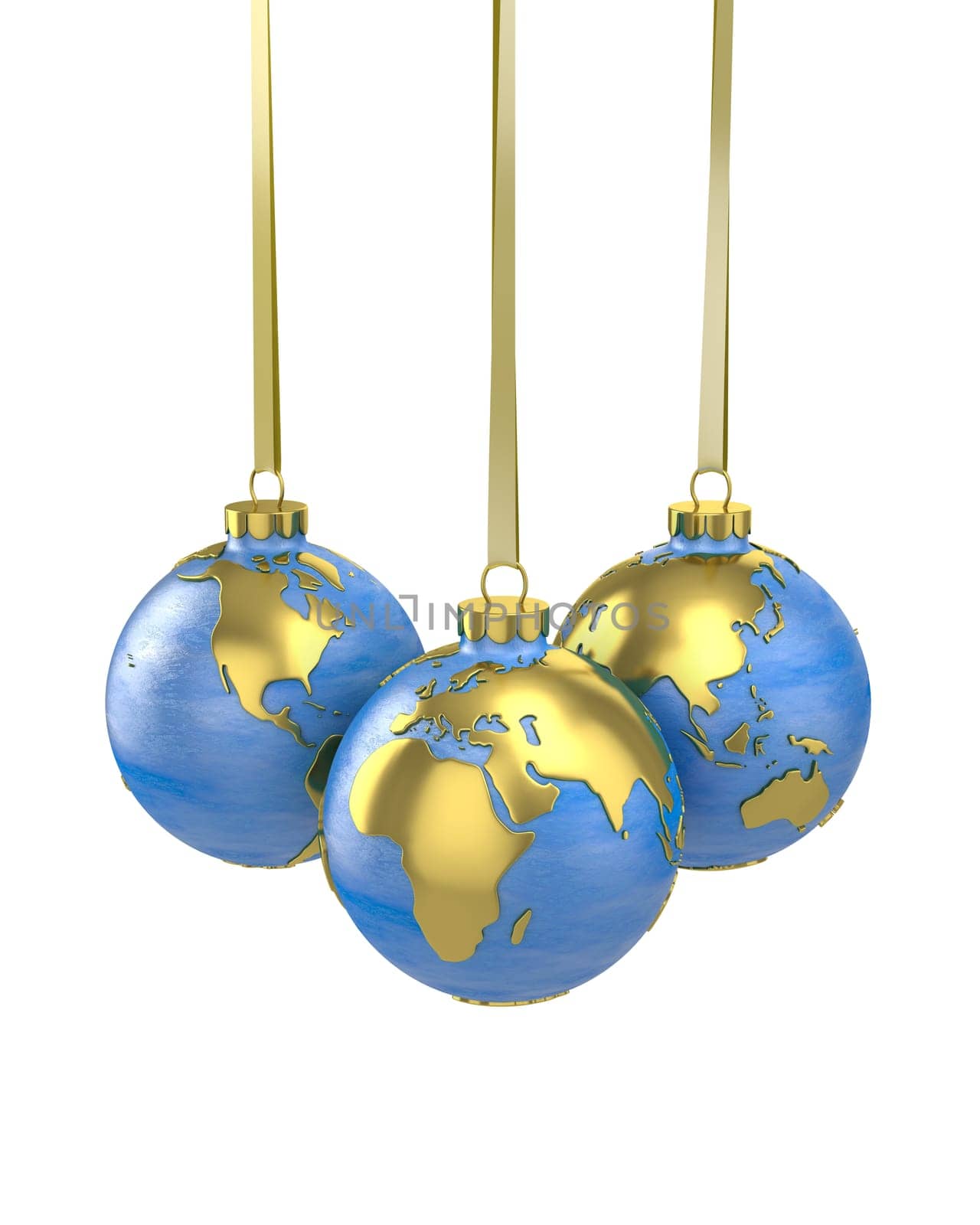 Three christmas balls shaped as globe or planet isolated on white background, Asia, Europe and America