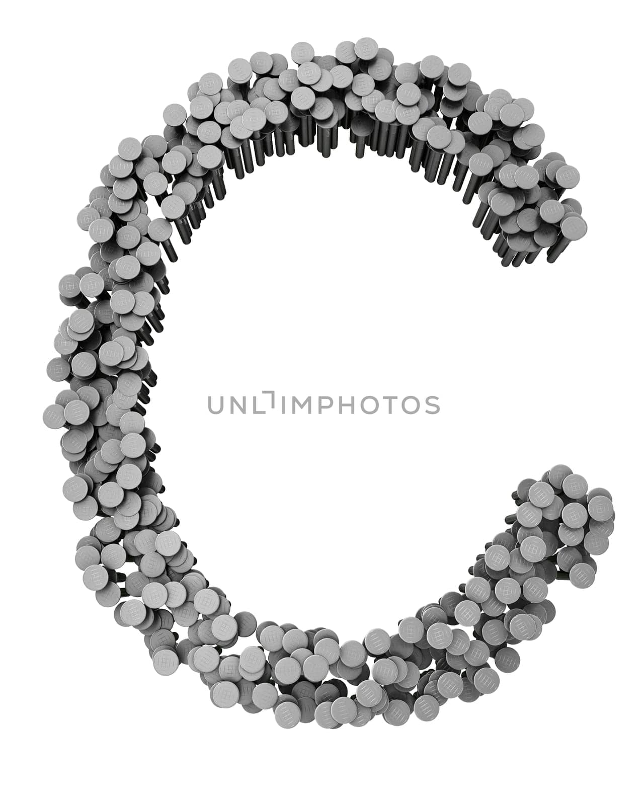 Alphabet made from hammered nails isolated on white background