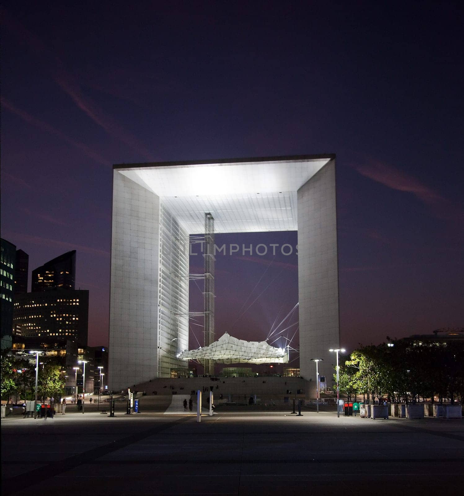 PARIS - SEPTEMBER 21: La Grande Arche in Paris at sunset. La Grande Arche is 110m high and was inagurated in July 1989