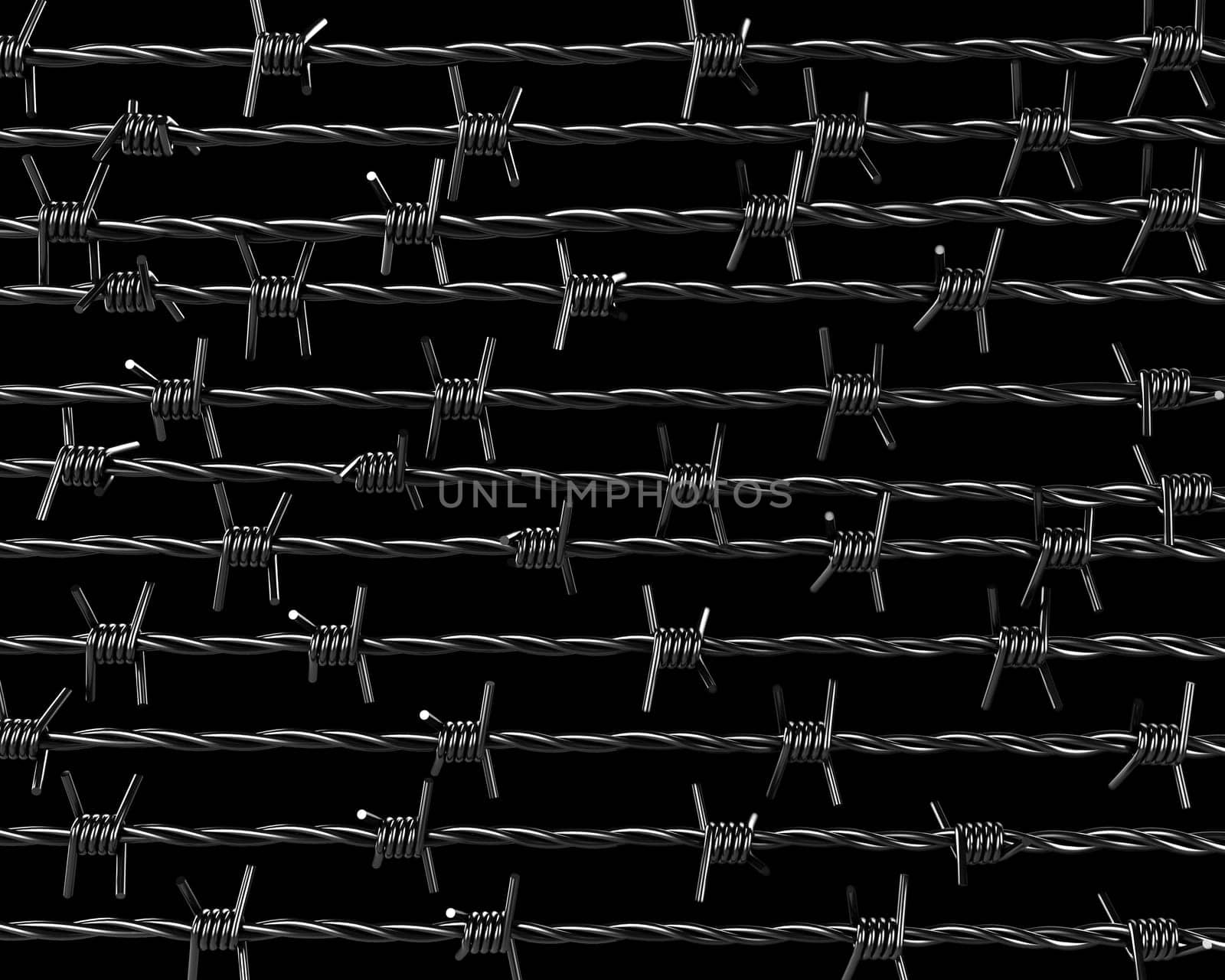 Lines of barbed wire isolated on black background