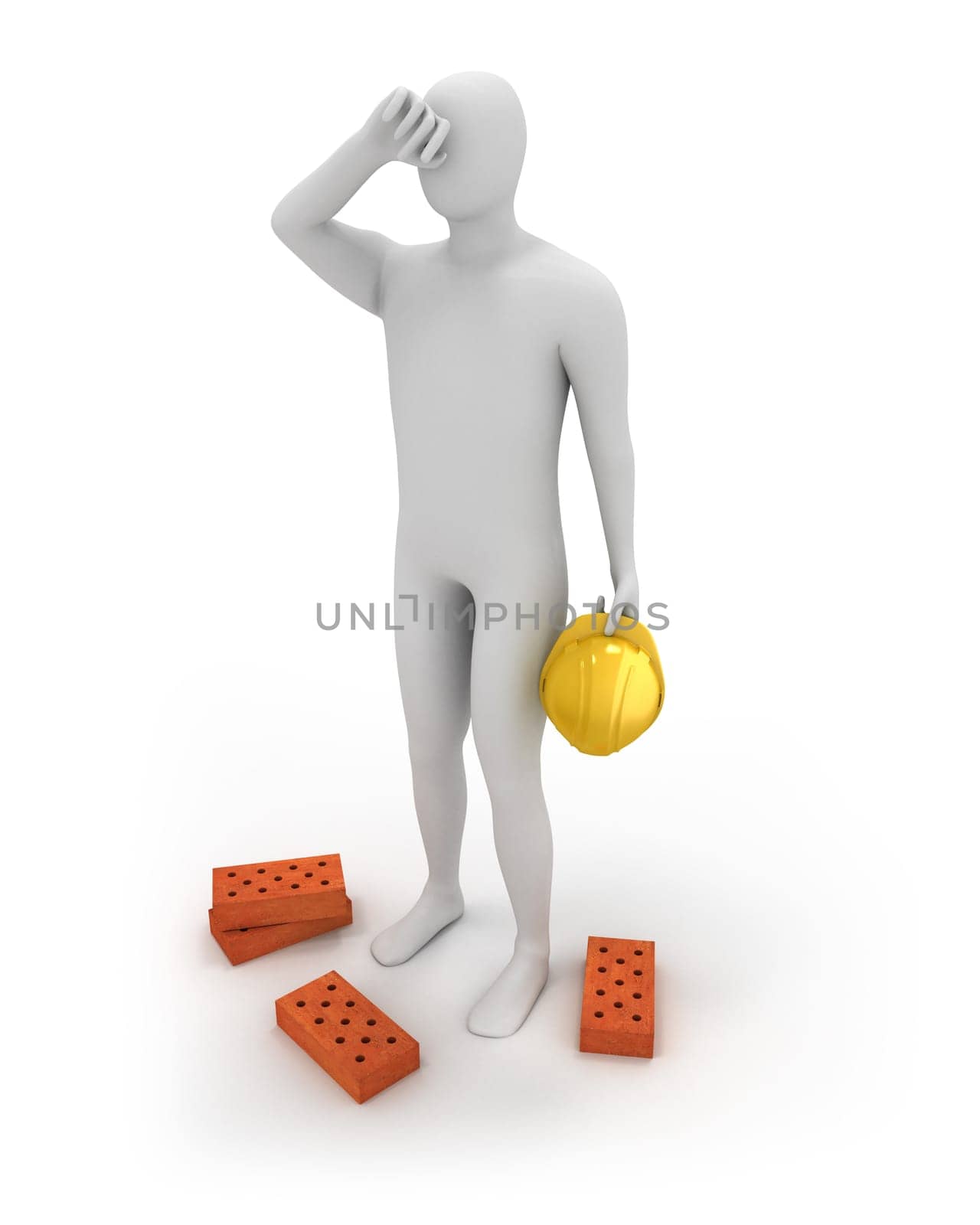 3D abstract white builder tired, and holding yellow helmet in a hand